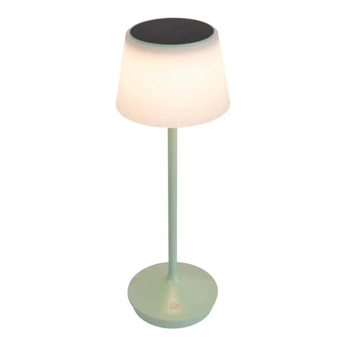 Solar-Akkutischleuchte "EMMI" 38 cm hoch, Schirm Ø 13 cm, Metall in Mint und weißer Kunststoff, für den Außenbereich, dimmbar CCT.