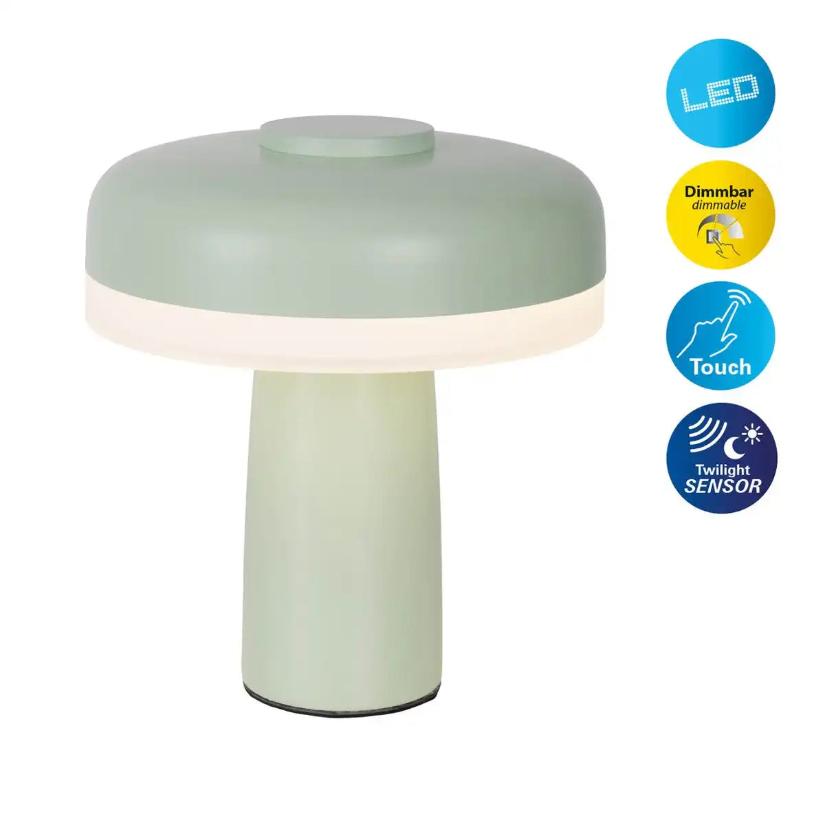 Akku-Tischleuchte "PILU", 16,5 cm hoch, oben Ø von 15 cm, Metall in Mint, weißer Kunststoff, integrierten LEDs,280 Lumen, dimmbar per Berührungssensor, warmweiß
