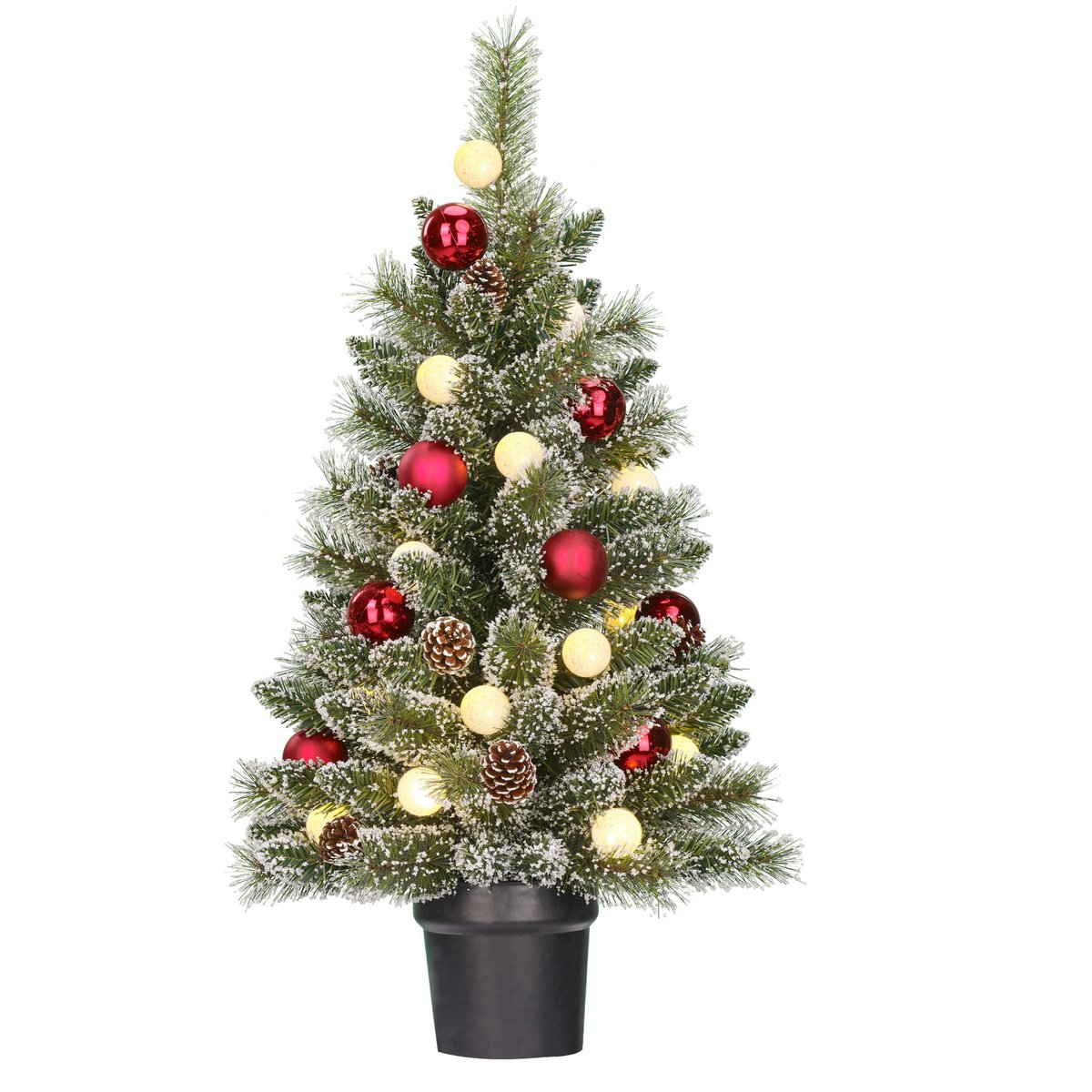 Künstlicher Weihnachtsbaum im Topf mit LED-Beleuchtung – H90 x Ø51 cm – Grün gefrostet, Rot