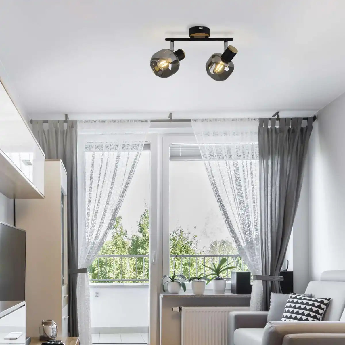 2er Spot Deckenleuchte "FUMOSO", Deckenlampe aus Metall und Rauchglas in Schwarz, und Natur, mit E14-Fassung, für Esszimmer, Wohnzimmer, Diele oder Büro, 40 x 20 cm