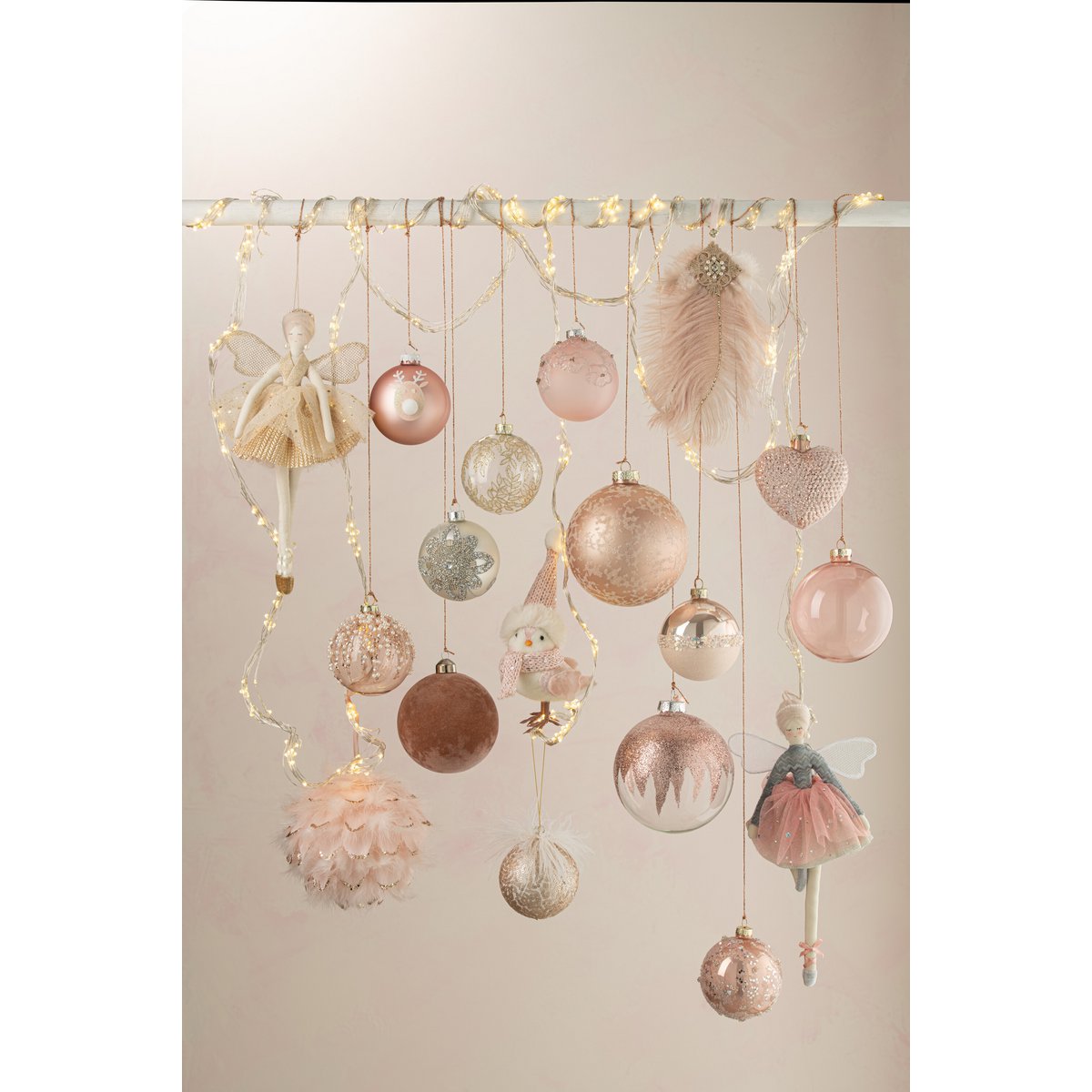J-Line Box mit 6 Weihnachtskugeln, Zucker/Silber, glitzerndes Glas, matt/glänzend, hellrosa, klein