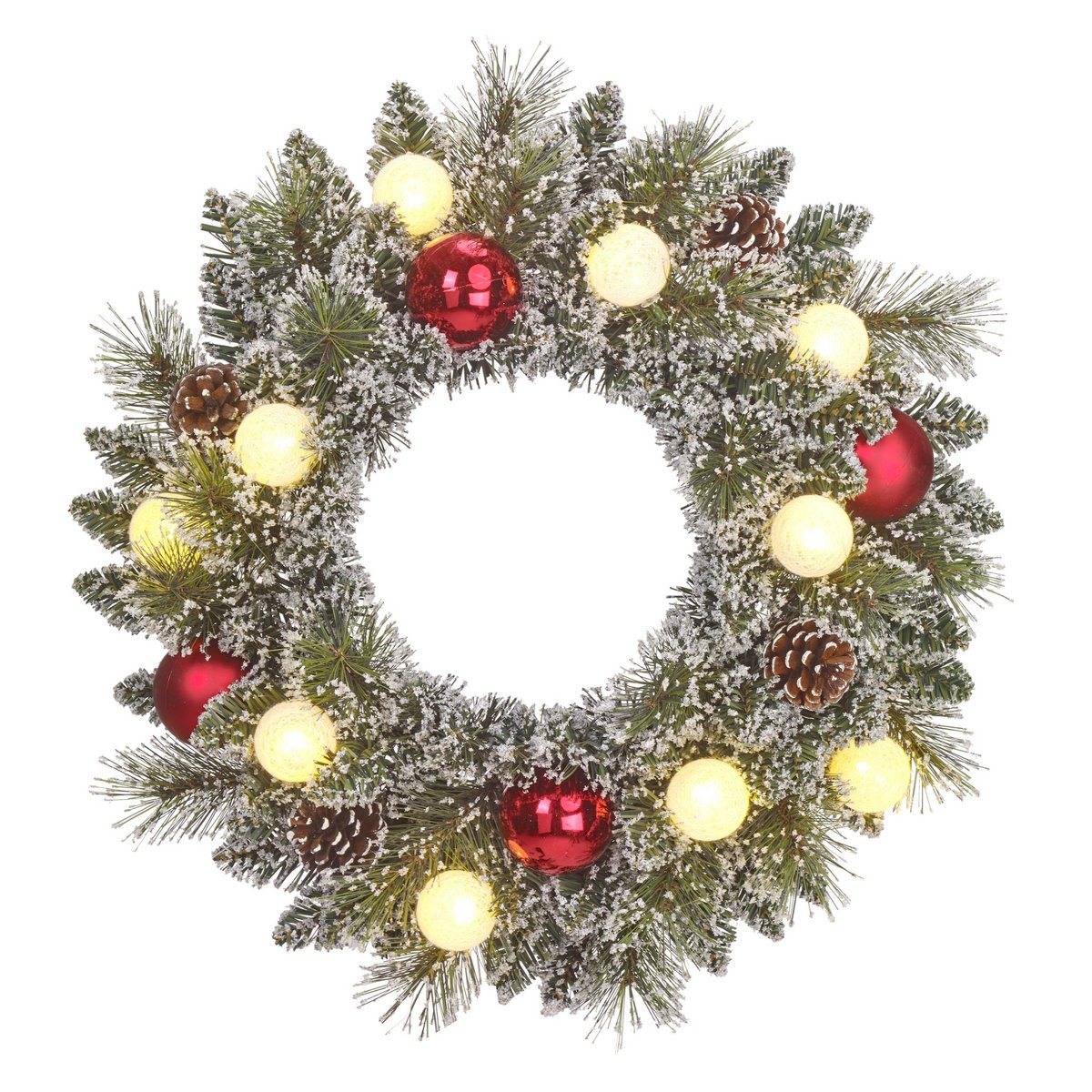 Weihnachtskranz mit warmweißer LED-Beleuchtung – Ø45 cm – Grün gefrostet, Rot