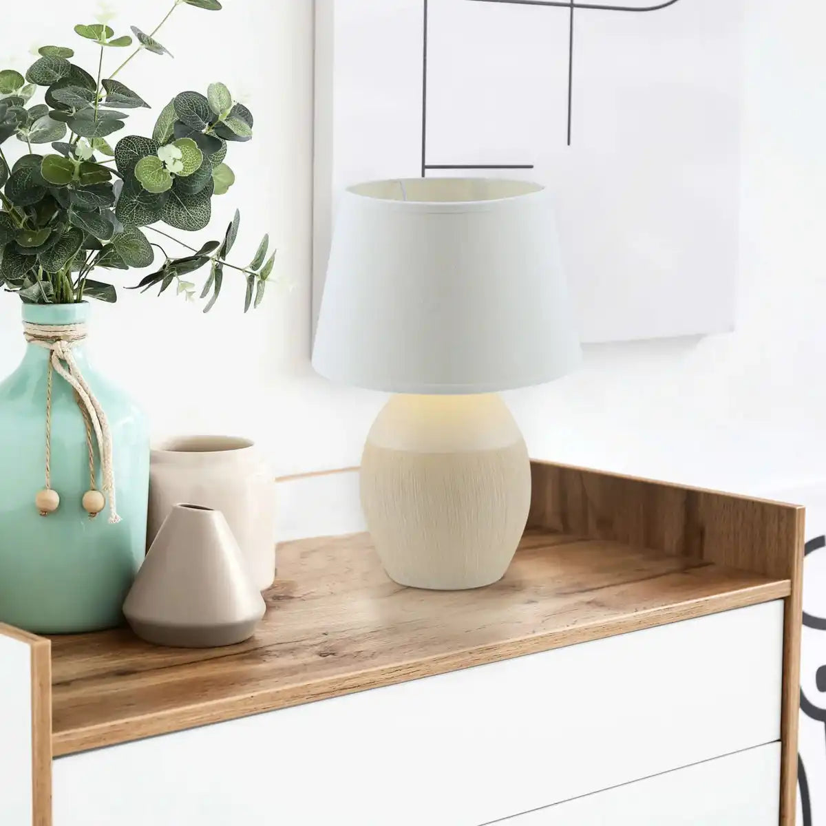 Keramik Tischleuchte "TALIA", Tischlampe aus Keramik, beige/weiß, mit E14-Fassung, für Esszimmer, Wohnzimmer, Diele oder Büro, 31 cm hoch