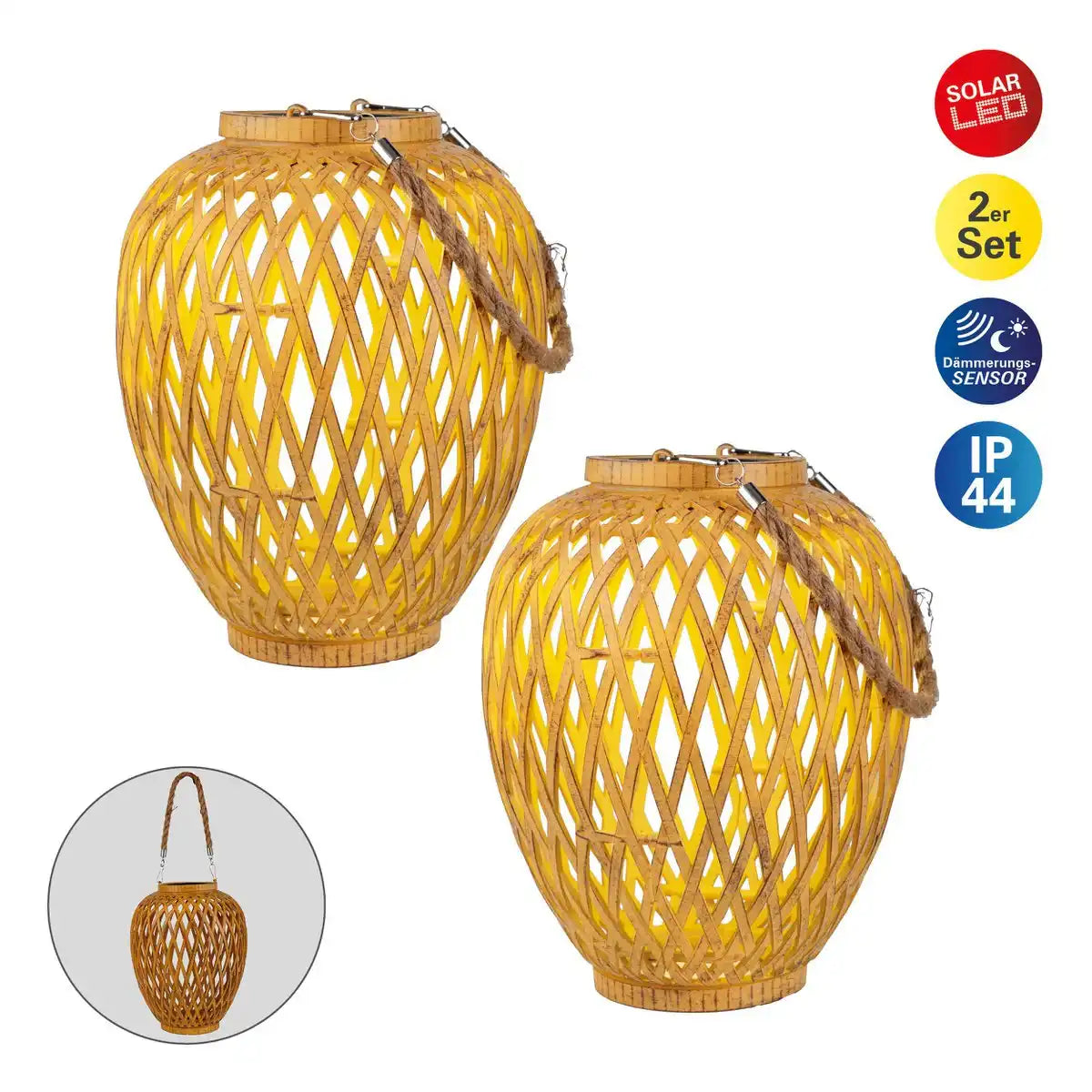 2er Set Korb- / Solardekoleuchte "Cesto", aus naturfarbenem Kunstrattan, mit Dämmerungssensor, warmweiß, 24 cm hoch, für den Außenbereich