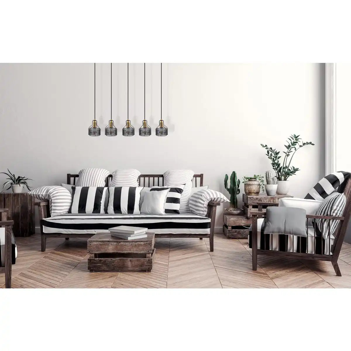 5er Pendelleuchte "FORO" Retro Pendellampe aus Metall in Schwarz, und Gold mit E27-Fassungen, 96 cm lang. Stilvolle Beleuchtung für Wohnzimmer, Esszimmer oder Küche.