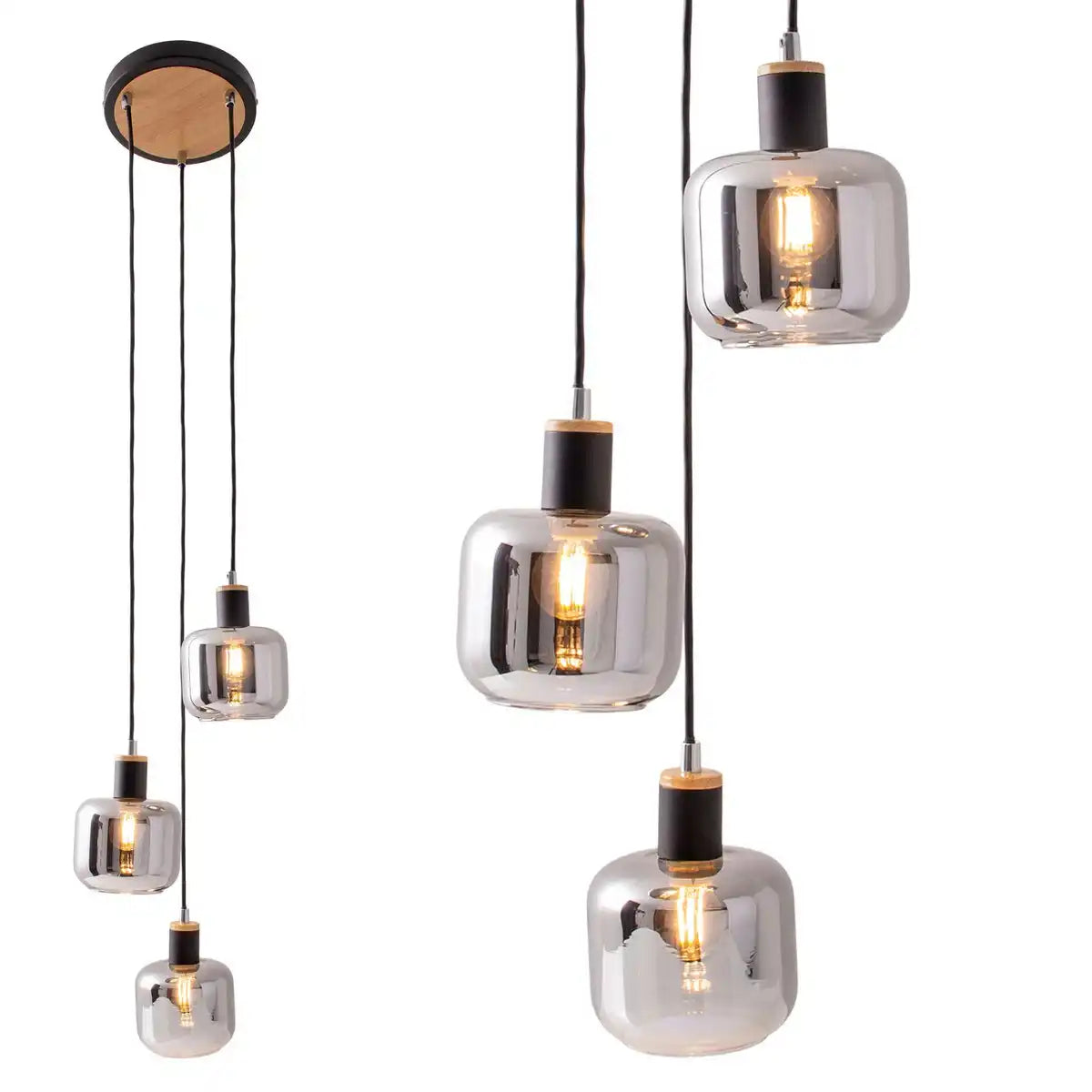 3er Deckenleuchte "FUMOSO", Pendellampe aus Metall und Glas in Schwarz,, mit E14-Fassung, für Esszimmer, Wohnzimmer, Diele oder Büro, Hängelampe Gesamthöhe 123 cm.