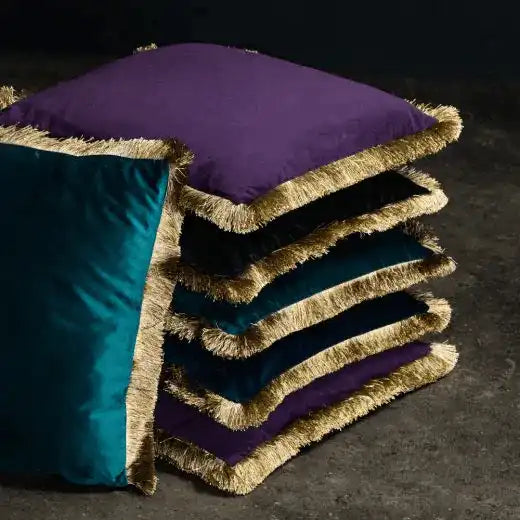 4er Set Zierkissen Samt Kissen goldene Fransen navy 45x45cm - HomeDesign Knaus