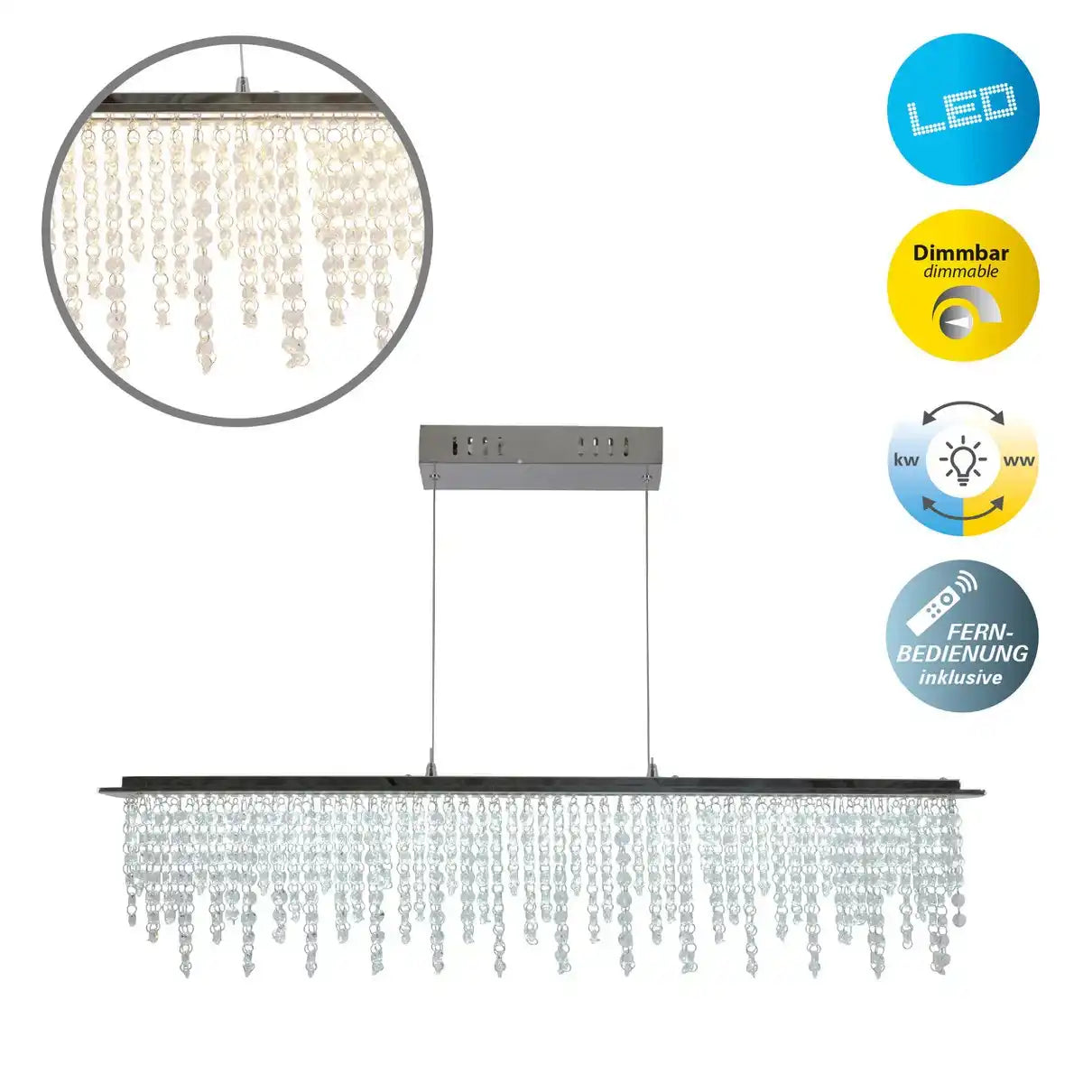 LED Pendelleuchte "DIAMONDS", Pendelleuchte, Metall und Kristallglas, Chrome, mit fest verbauten LEDs, für Esszimmer, Wohnzimmer, Diele oder Büro, 120 cm lang