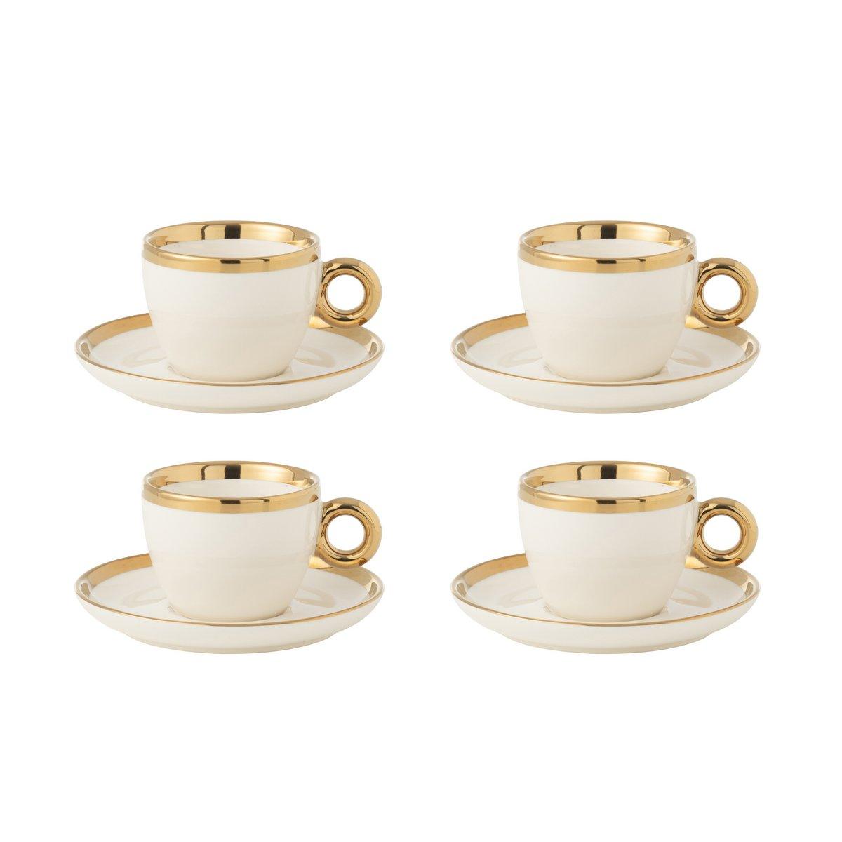J-Line Box mit 4 Tassen + Untertasse, Keramik, Weiß/Gold