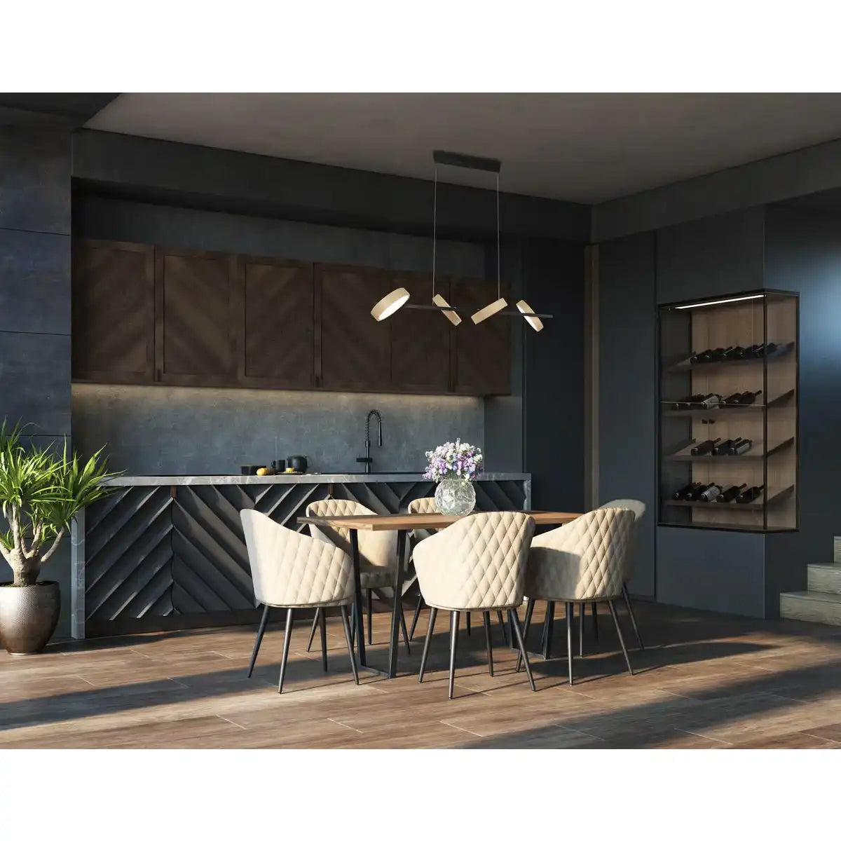 LED Pendelleuchte "TESSA" almond, 150 cm hoch, 110 cm lang, aus Metall in frosted Almond (Pantone 481 C) und Schwarz und weißem Kunststoff
