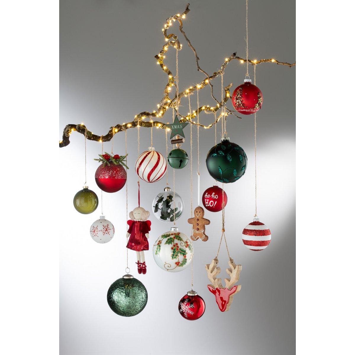 J-Line Box mit 6 Weihnachtskugeln, Streifen, glitzerndes Glas, Weiß/RD, klein