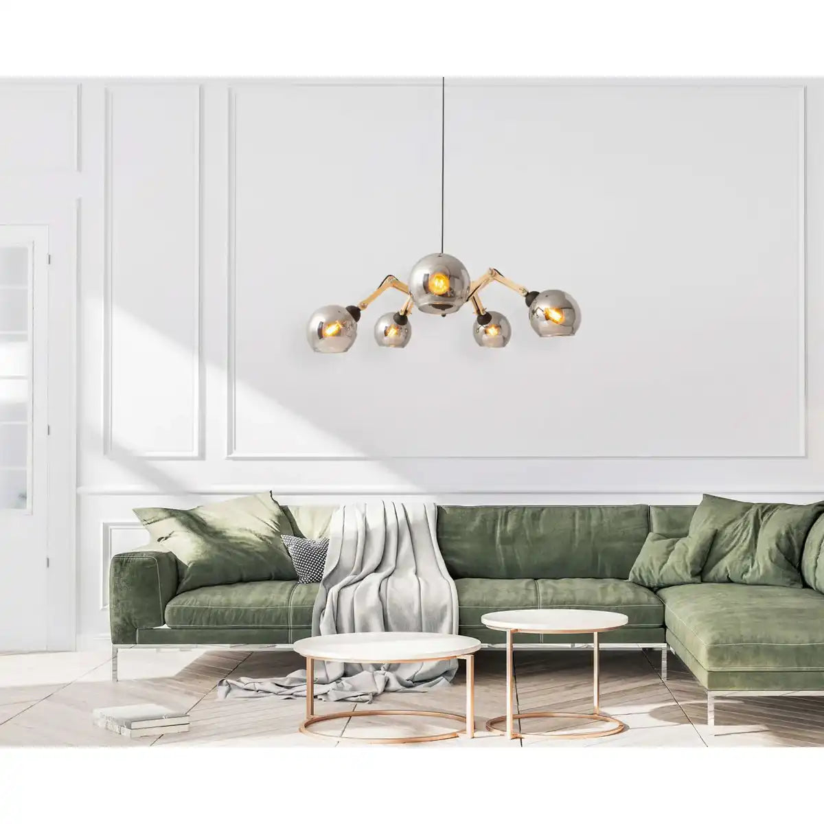 5er Glas-Pendelleuchte "SOITO" Hängelampe aus Metall, Glas und Gummibaumholz, mit E14-Fassung, für Esszimmer, Wohnzimmer, Diele oder Büro, 80 cm Durchmesser