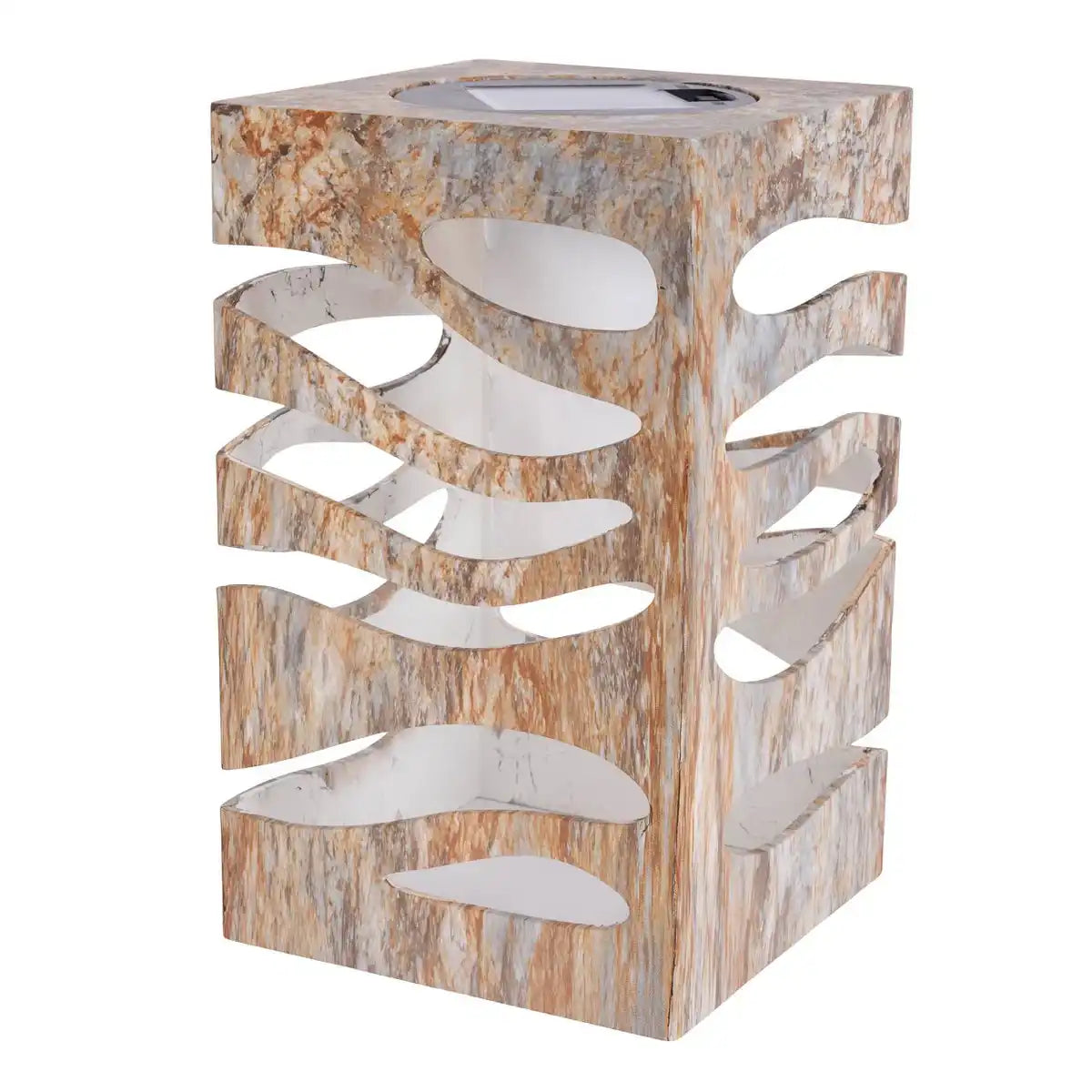 LED Deko-Solarleuchte "HILDA", 12,3 x 12,3 cm, 20 cm hoch, aus hochwertigem Kunststoff, außen braun-beiges Marmor-Finish, integrierte LED, warmweiß