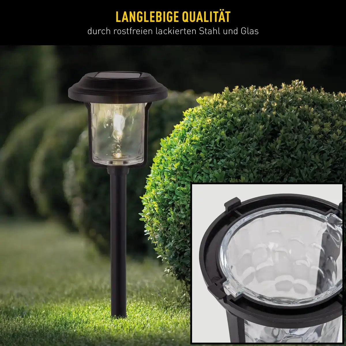 Solar-Deko-Erdspieß "SIMON" 54,7 cm hoch, aus schwarzem Metall und strukturiertem Glas, integrierte LED, warmweiß.