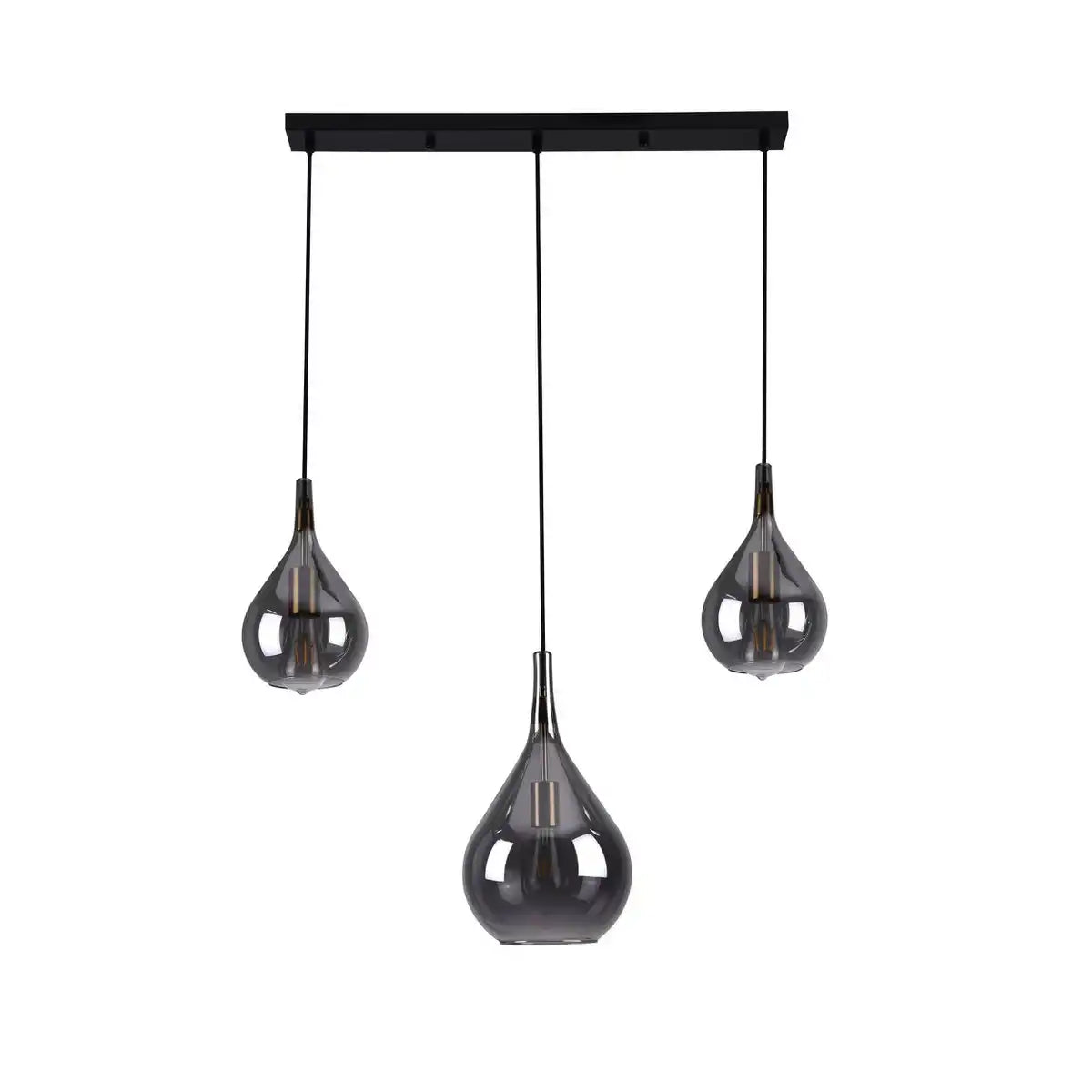 3-er Pendelleuchte "Gota", Retro Klassiker Pendellampe aus schwarzem Rauchglas mit E27-Fassungen, 88 cm lang, 150 hoch, ideal für Esszimmer, Wohnzimmer und Küche.