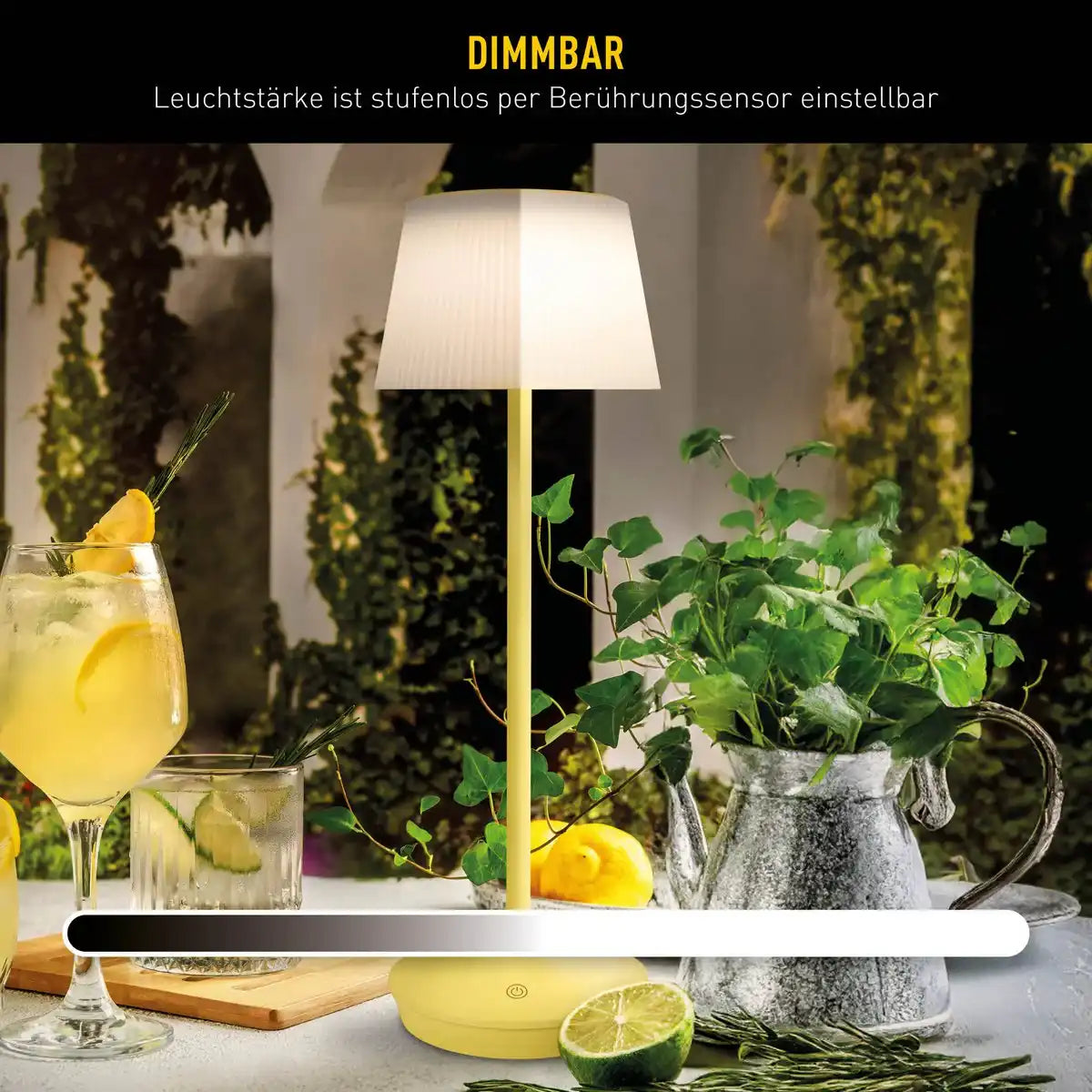 Solar-Akkutischleuchte "EMMI" 38 cm hoch, Schirm Ø 13 cm, Metall in Gelb und weißer Kunststoff, für den Außenbereich, dimmbar CCT.
