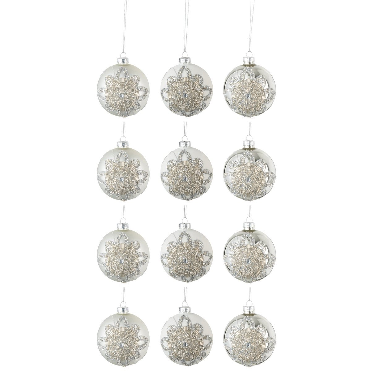 J-Line Box mit 12 Weihnachtskugeln 4+4+4 Ornamentperlen Glas Mattweiß/Mattsilber/Glänzendes Silber klein