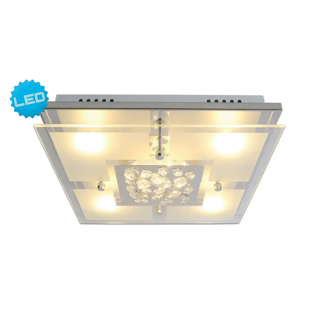 Die LED Deckenleuchte "CHUR" 30 x 30 cm, chomfarbenes Metall, teilsatiniertes Glas, integrierte LEDs, warmweiß