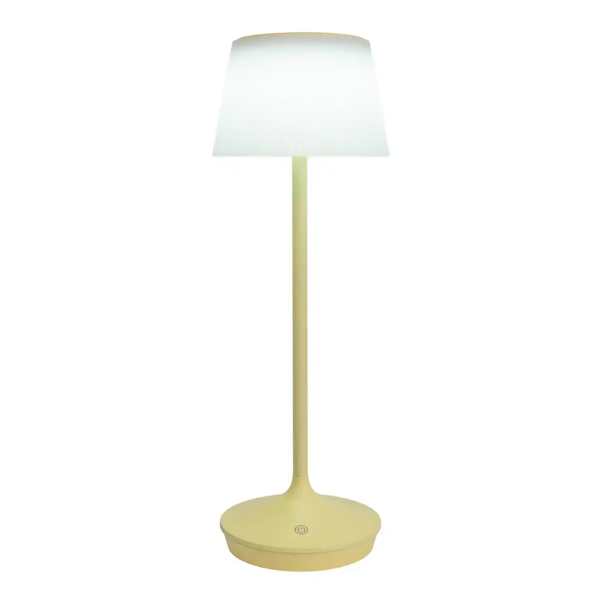 Solar-Akkutischleuchte "EMMI" 38 cm hoch, Schirm Ø 13 cm, Metall in Gelb und weißer Kunststoff, für den Außenbereich, dimmbar CCT.