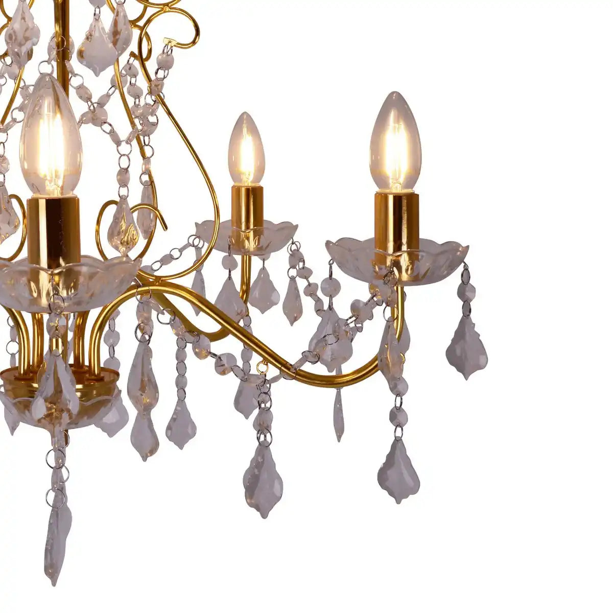 Krone 5flg. "LUCIA" mit Behang , aus Metall und Kunststoff in Gold, mit E14-Fassung, Beleuchtung für Esszimmer, Wohnzimmer, Diele oder Büro