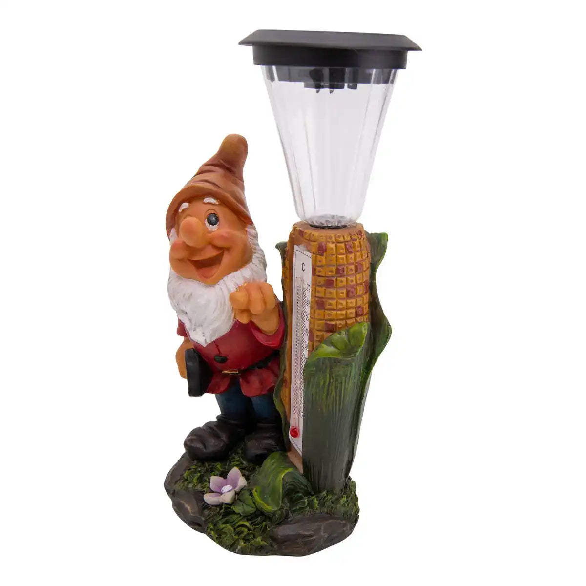 LED Deko Solarleuchte "Zwerg" mit Thermometer aus bemaltem Polyresin, ca 26 cm hoch und mit fest verbauten LEDs ausgestattet