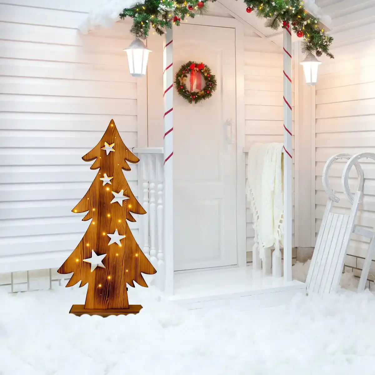 LED-Holztannenbaum, aus naturbelassenem Pinienholz mit festverbauten LEDs, 70 cm hoch, Weihnachtsdekoration für Außen