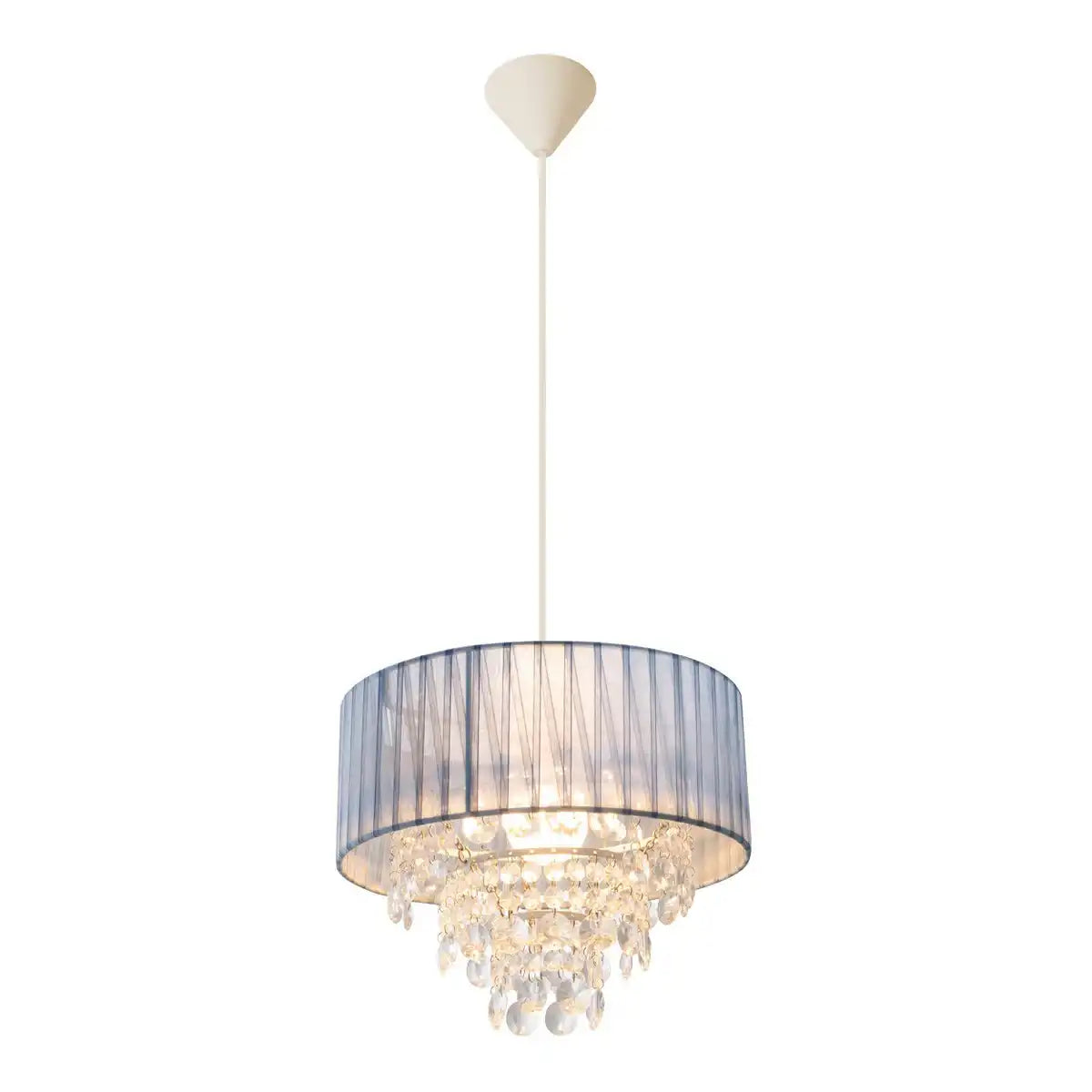 Deko-Pendelleuchte "KRISTALLO", Hängelampe aus Metall, transparentem Kunststoff und grauem Textilmaterial, E27-Fassung, für Esszimmer, Wohnzimmer, Diele oder Büro, 30 cm Durchmesser
