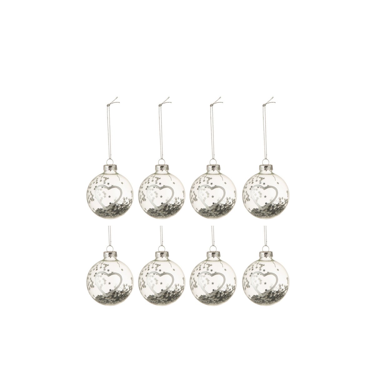 J-Line Box mit 8 Weihnachtskugeln, Herz, glasfertig, Silber, klein