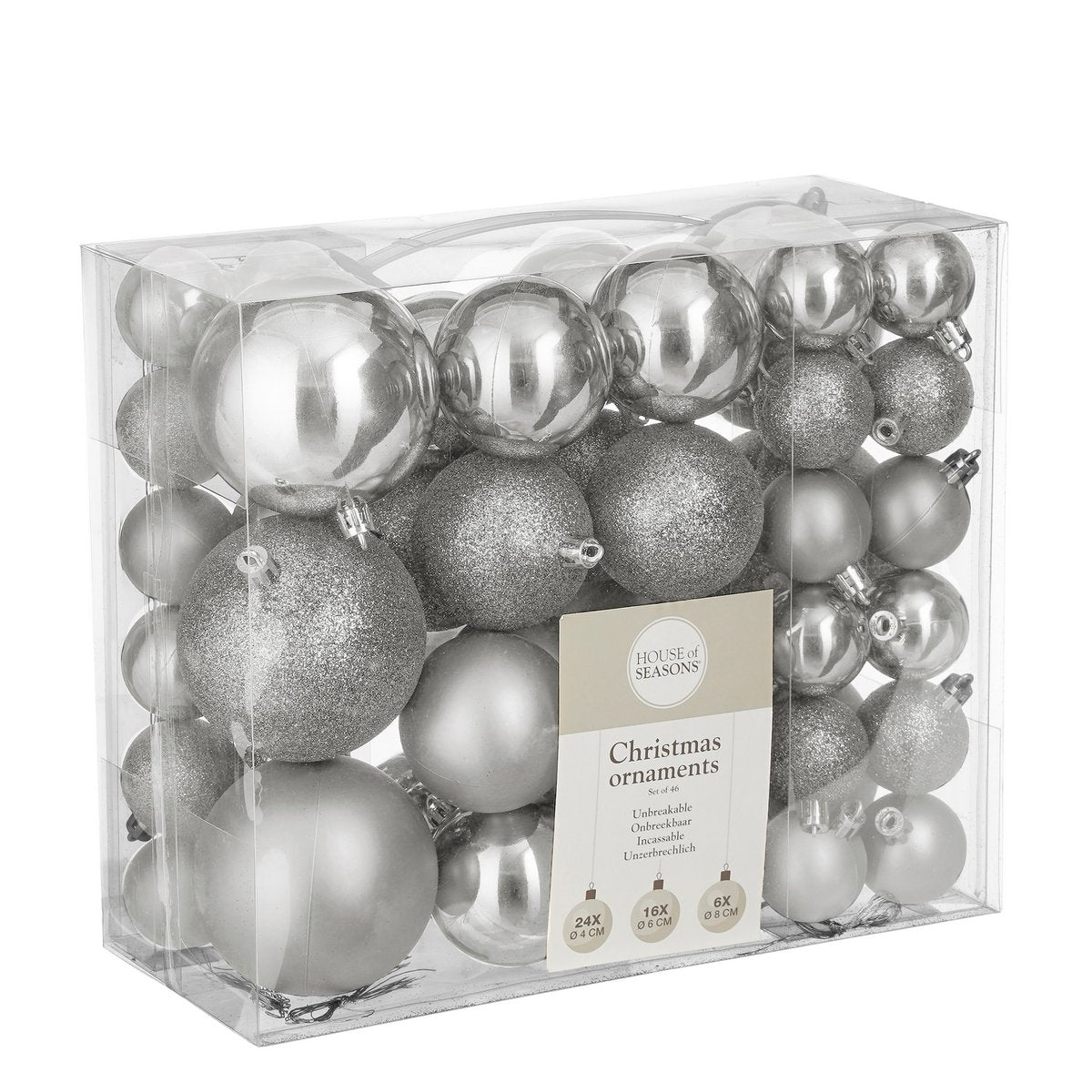 Set Weihnachtskugeln aus Kunststoff - 46 Stück - Ø4/6/8 cm - Silber