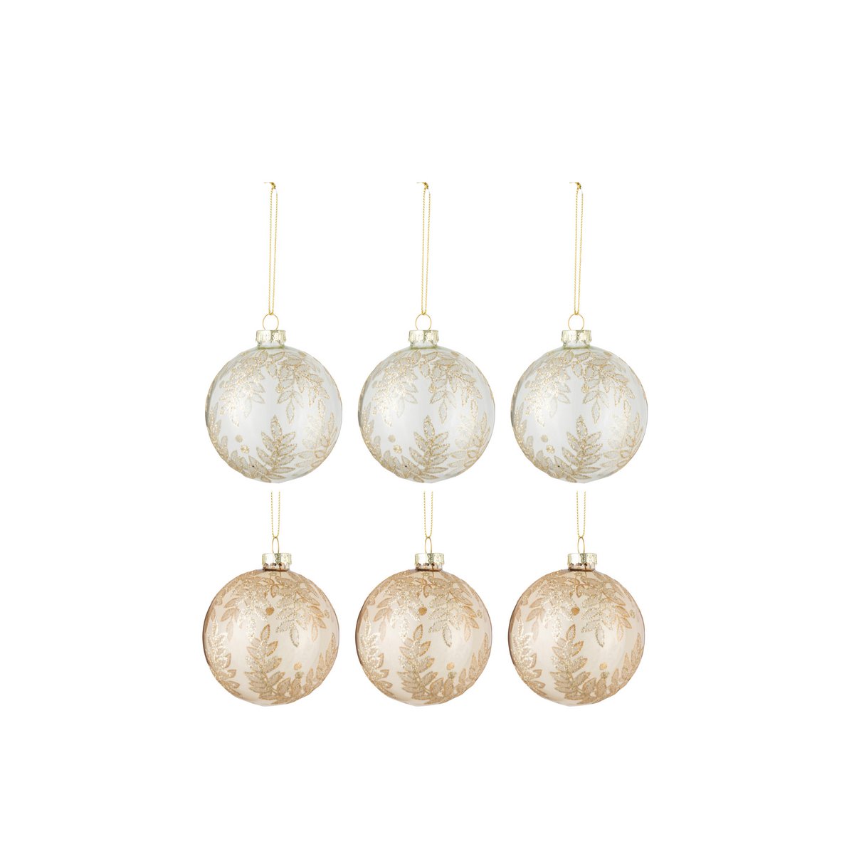 J-Line Box mit 6 Weihnachtskugeln 3+3 Blätter, Glas, transparent, Beige/Gold, klein