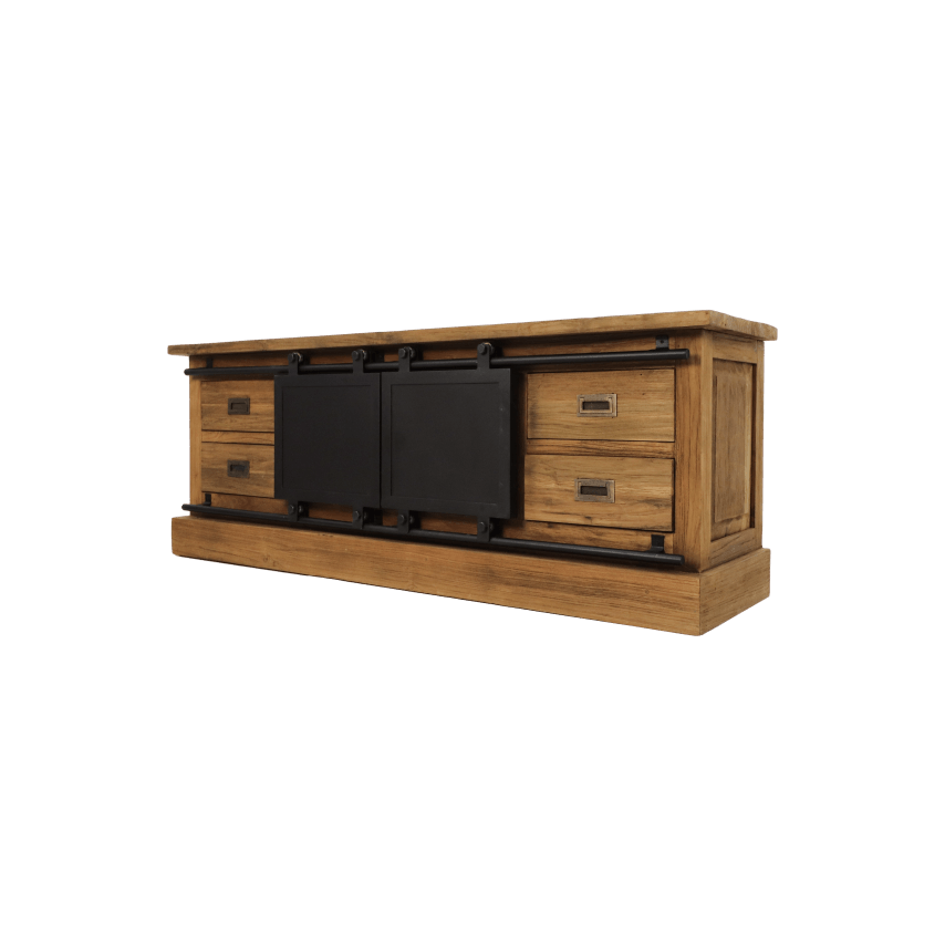 HSM Collection-TV-Möbel Blackburn, 2 Türen, 4 Schubladen, 150 x 40 x 56,5, Natur/Schwarz, Teak/Metall
