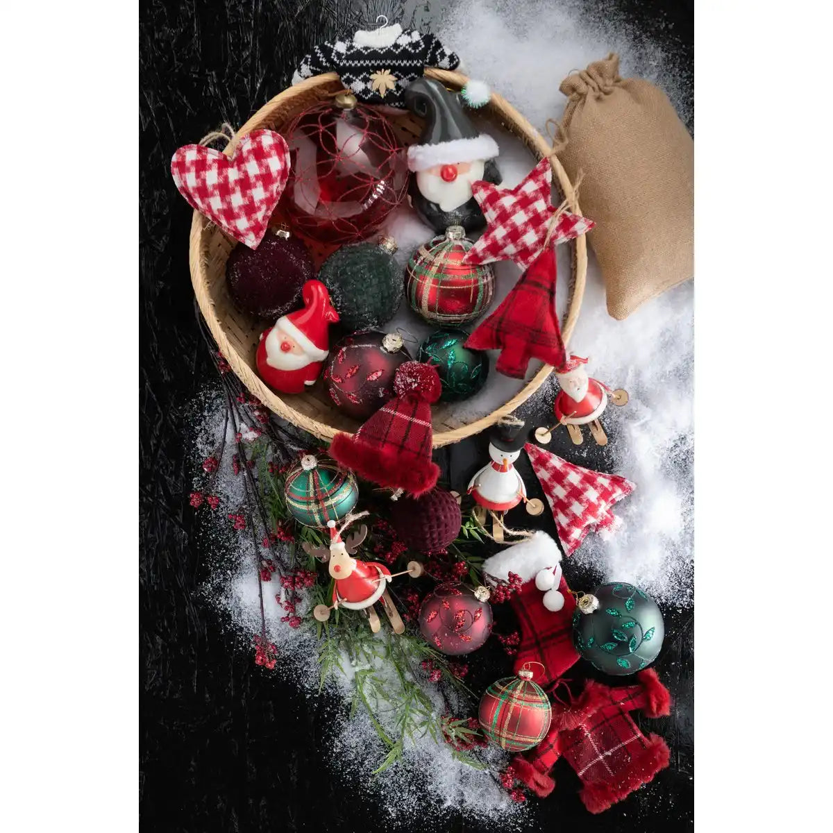 J-Line Box mit 6 Weihnachtskugeln, Blätter, glitzerndes Glas, mattgrün, klein