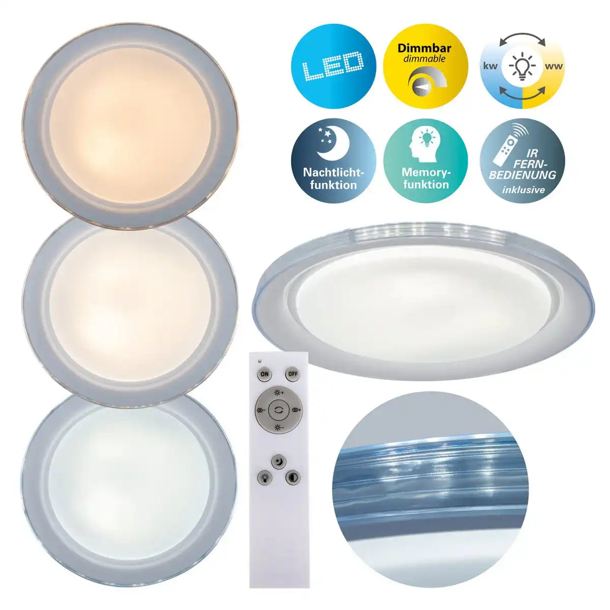 LED Deckenleuchte "CLAIRE" Ø 50,5 cm, 7,5 cm hoch, Metall und Kunststoff in Weiß, integrierte LED, 1600 lm, dimmbar, CCT-Funktion, 3000-5000 K, Nachtlichtfunktion