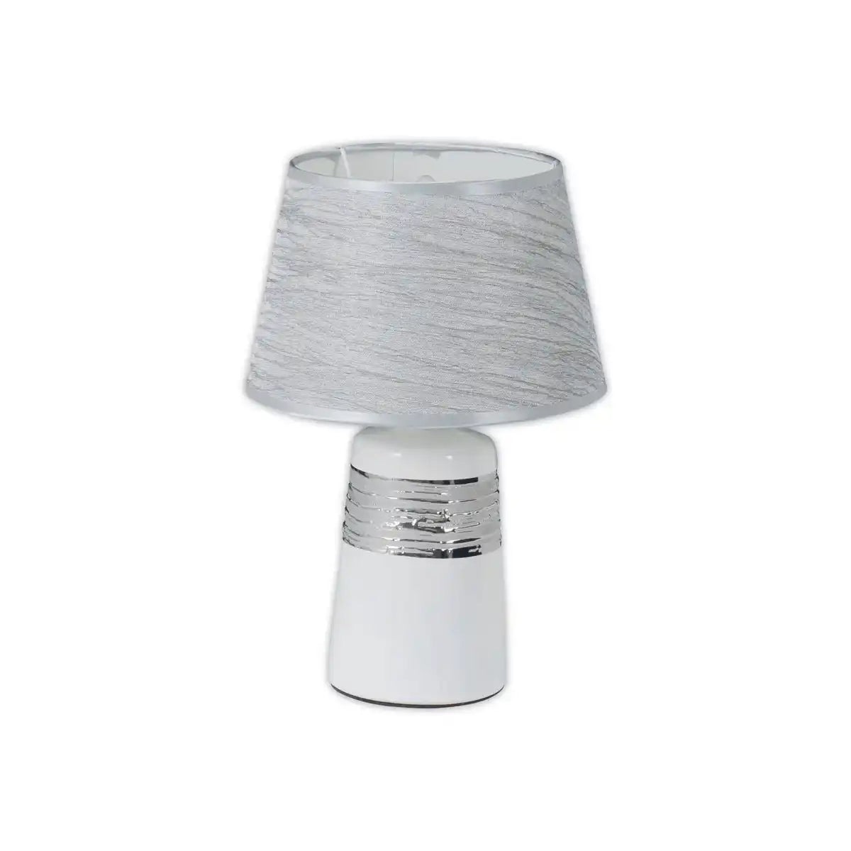 Keramik Tischleuchte "VITTORIA" 31 cm hoch, Ø 20 cm, aus Keramik, Metall und Stoff aus Polyester, Weiß und Silber
