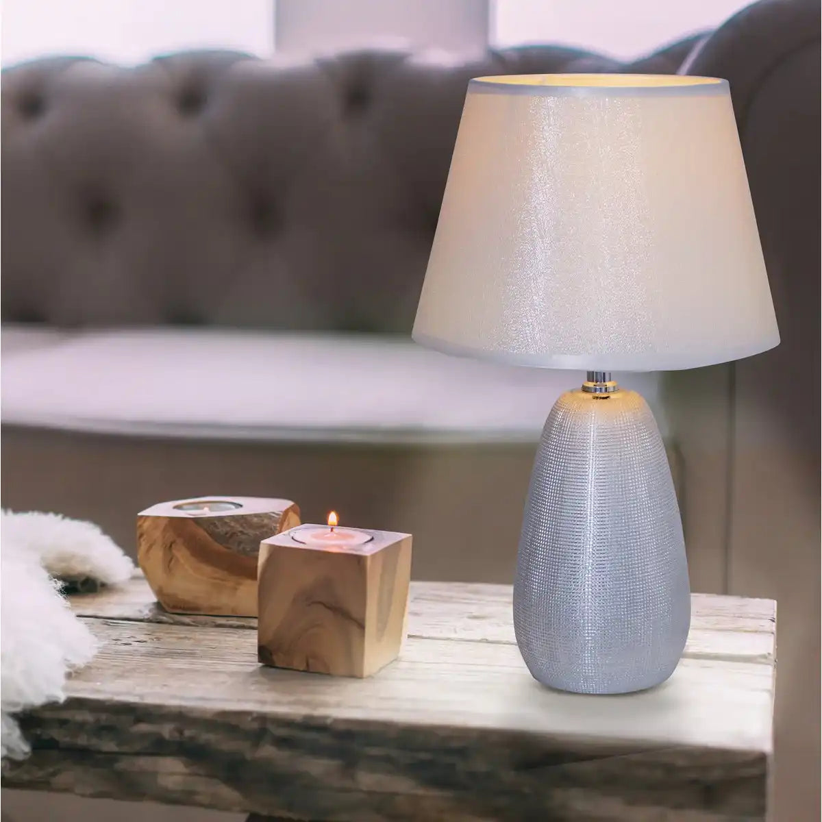 Keramik Tischleuchte h: 37cm "SIMLY CERAMICS", Tischlampe aus Keramik, silber, mit E14-Fassung, für Esszimmer, Wohnzimmer, Diele oder Büro, 31 cm hoch