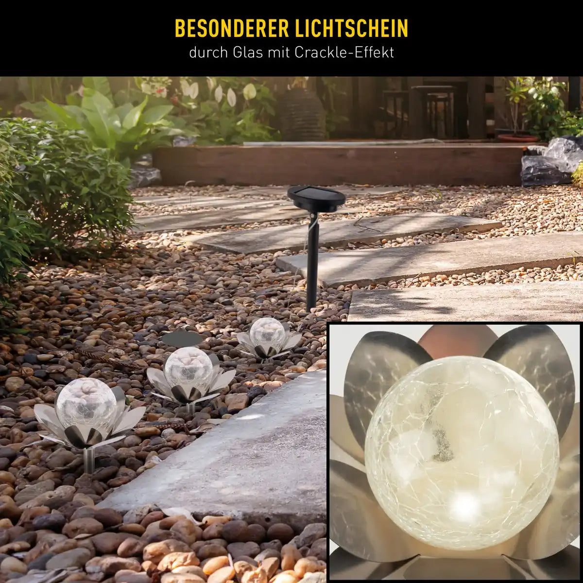 Solar-Deko-Erdspieß 3er Set "LULE" Ø ca. 10 cm, ca. 20 cm hoch, Edelstahl, Glas mit Crackle-Effekt