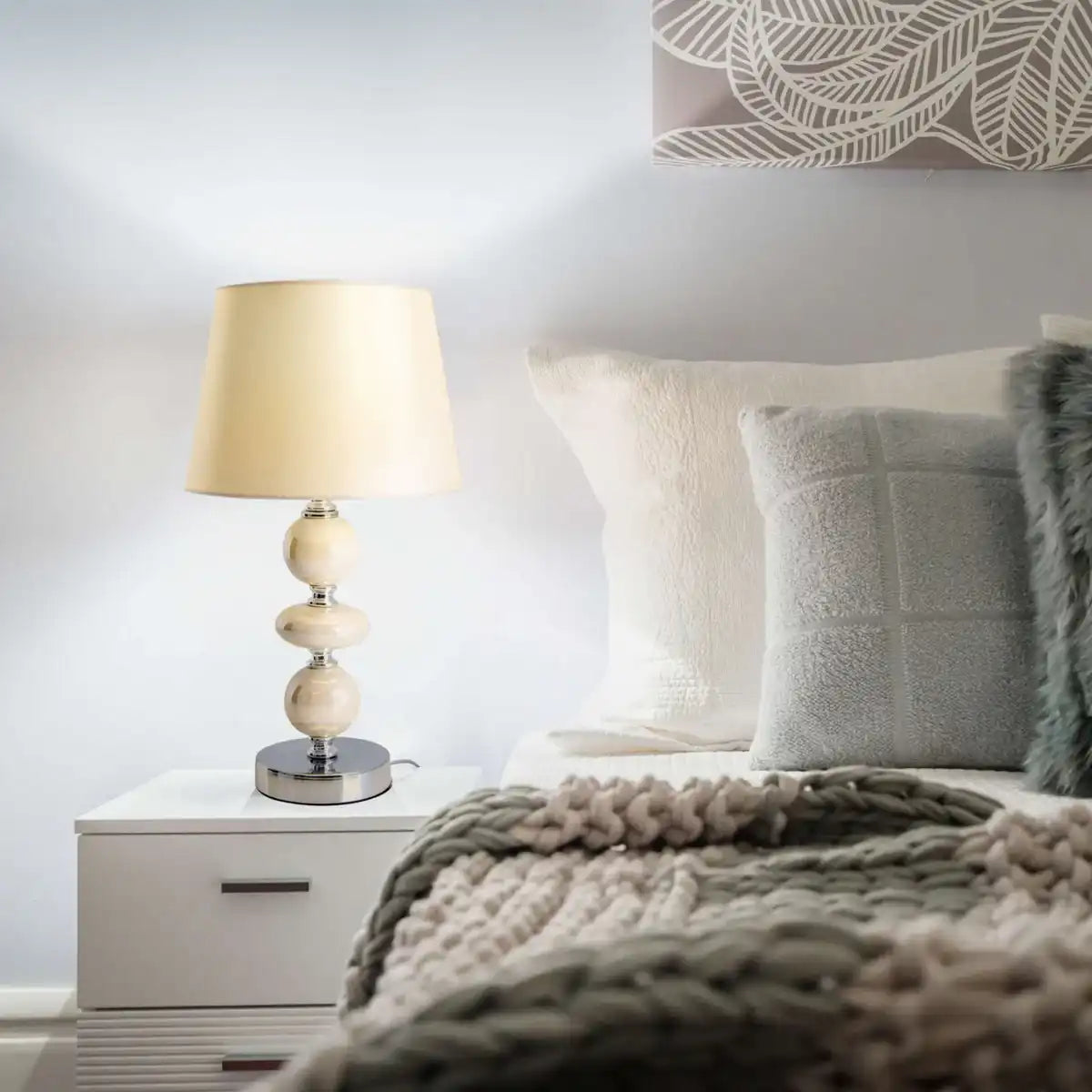 Keramik Tischleuchte "ARAGA" 36 cm hoch, Tischlampe aus Metall, Keramik, mit Textilschirm, beige, mit E14-Fassung, Beleuchtung für Esszimmer, Wohnzimmer, Diele oder Büro