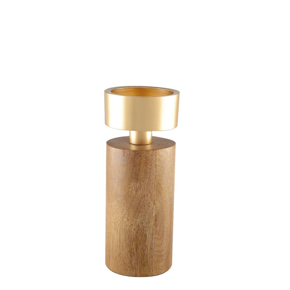 KERZENHALTER AUS HOLZ & GOLD METALL 19CM