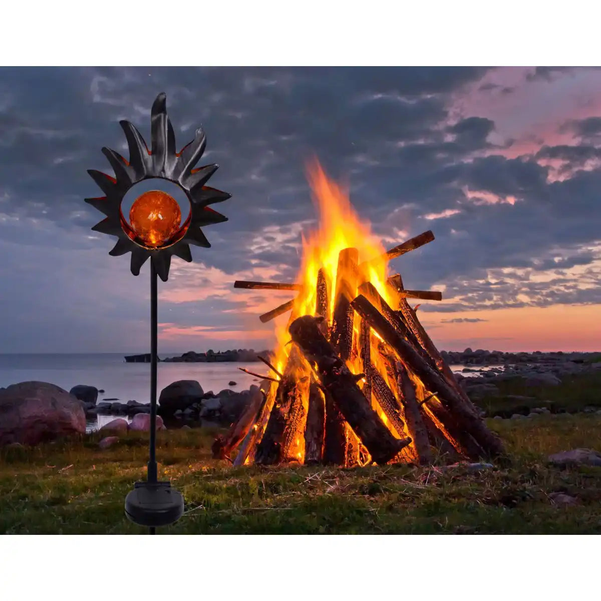 LED Solarspieß "Sonne" 93,5cm , für Außen, Erdspieß aus Metall und Glas in Schwarz, mit integrierter LED