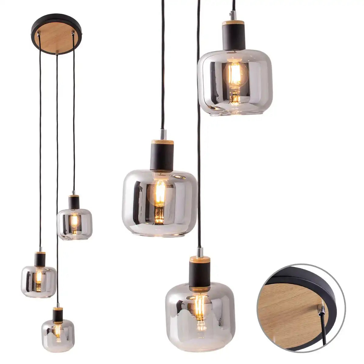 3er Deckenleuchte "FUMOSO", Pendellampe aus Metall und Glas in Schwarz,, mit E14-Fassung, für Esszimmer, Wohnzimmer, Diele oder Büro, Hängelampe Gesamthöhe 123 cm.