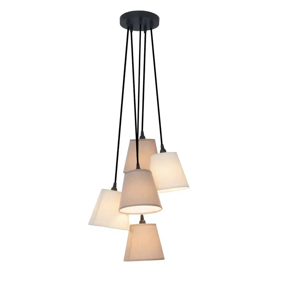 Textilpendelleuchte "BOHO", Junges Wohnen, Hängelampe mit 5 Textilschirmen in Beige und Braun, mit E14-Fassung, für Esszimmer, Wohnzimmer, Diele oder Büro, 95 cm hoch