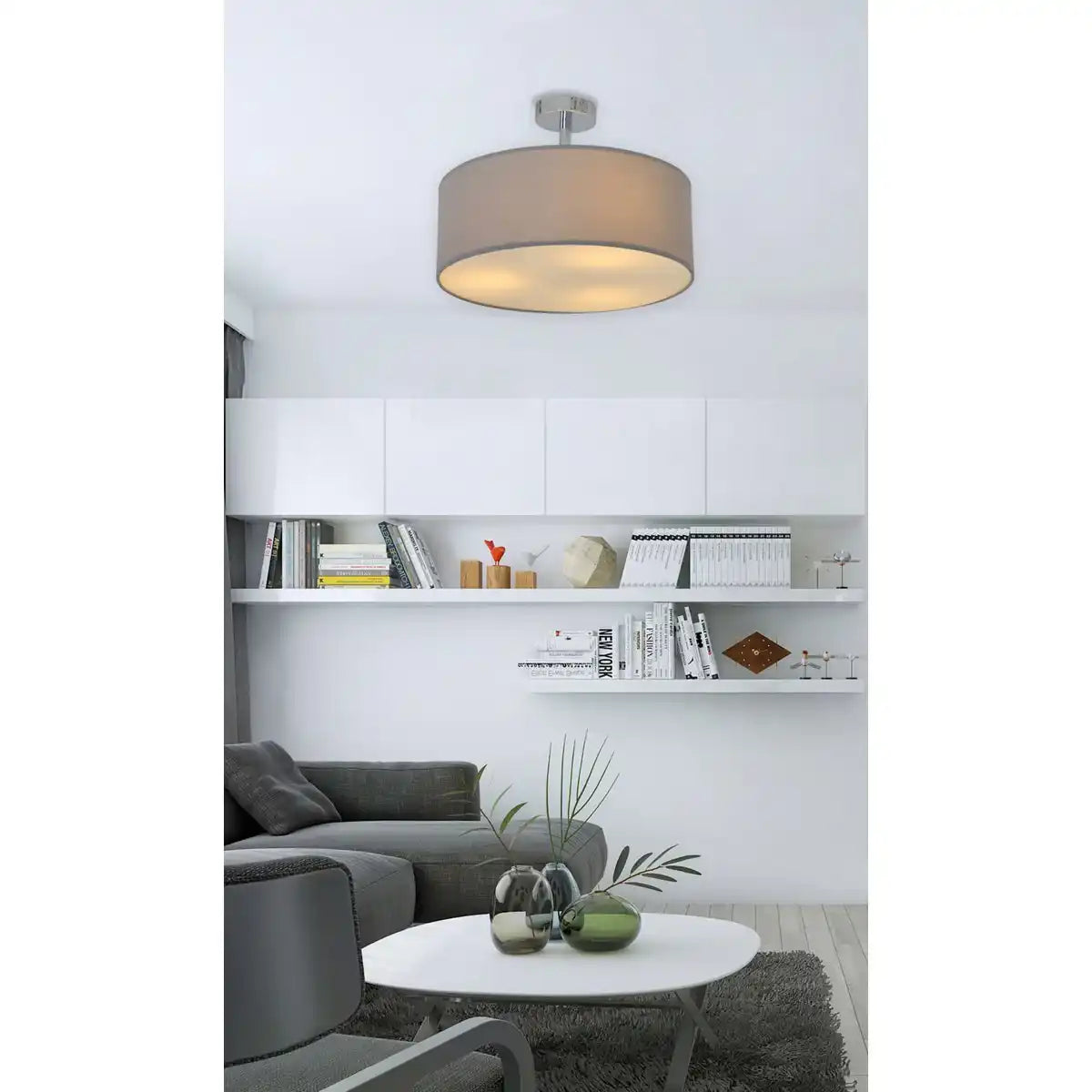 Textildeckenleuchte "NEW YORK", klassische Deckenlampe mit Textilschirm in Grau, mit E27-Fassung, Deckenleuchte 40 cm Durchmesser, geeignet für den gesamten Wohnbereich