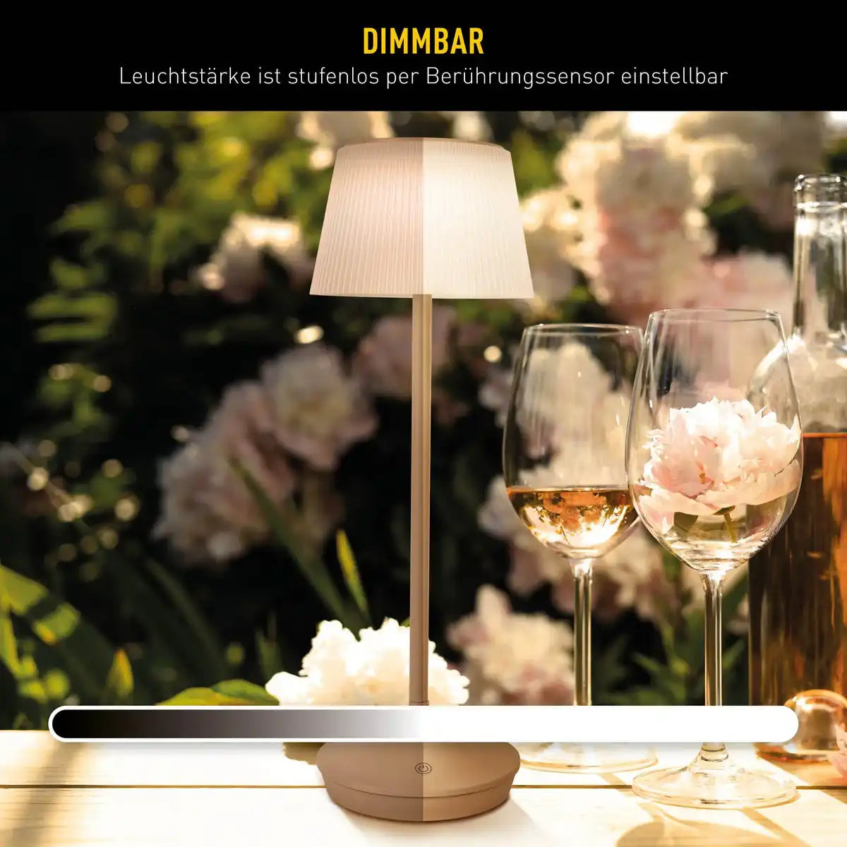 Solar-Akkutischleuchte "EMMI" 38 cm hoch, Schirm Ø 13 cm, Metall in Almond und weißer Kunststoff, für den Außenbereich, dimmbar CCT.