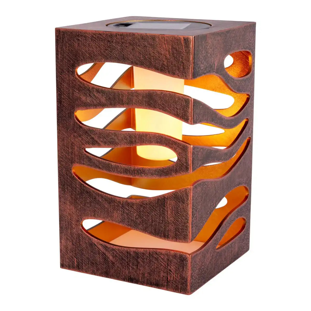 LED Deko-Solarleuchte "HILDA", 12,3 x 12,3 cm, 20 cm hoch, aus hochwertigem Kunststoff, innen Gold, außen gold-braunes Metall-Finish, integrierte LED, warmweiß