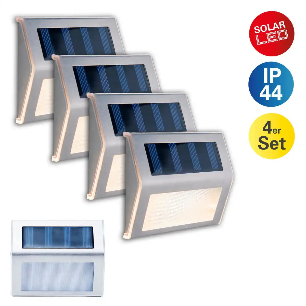 4er-Set LED Solar-Außenleuchte , für Außen, Wandleuchte - Metall und Kunststoff in Stahl-blank, mit integrierter LED