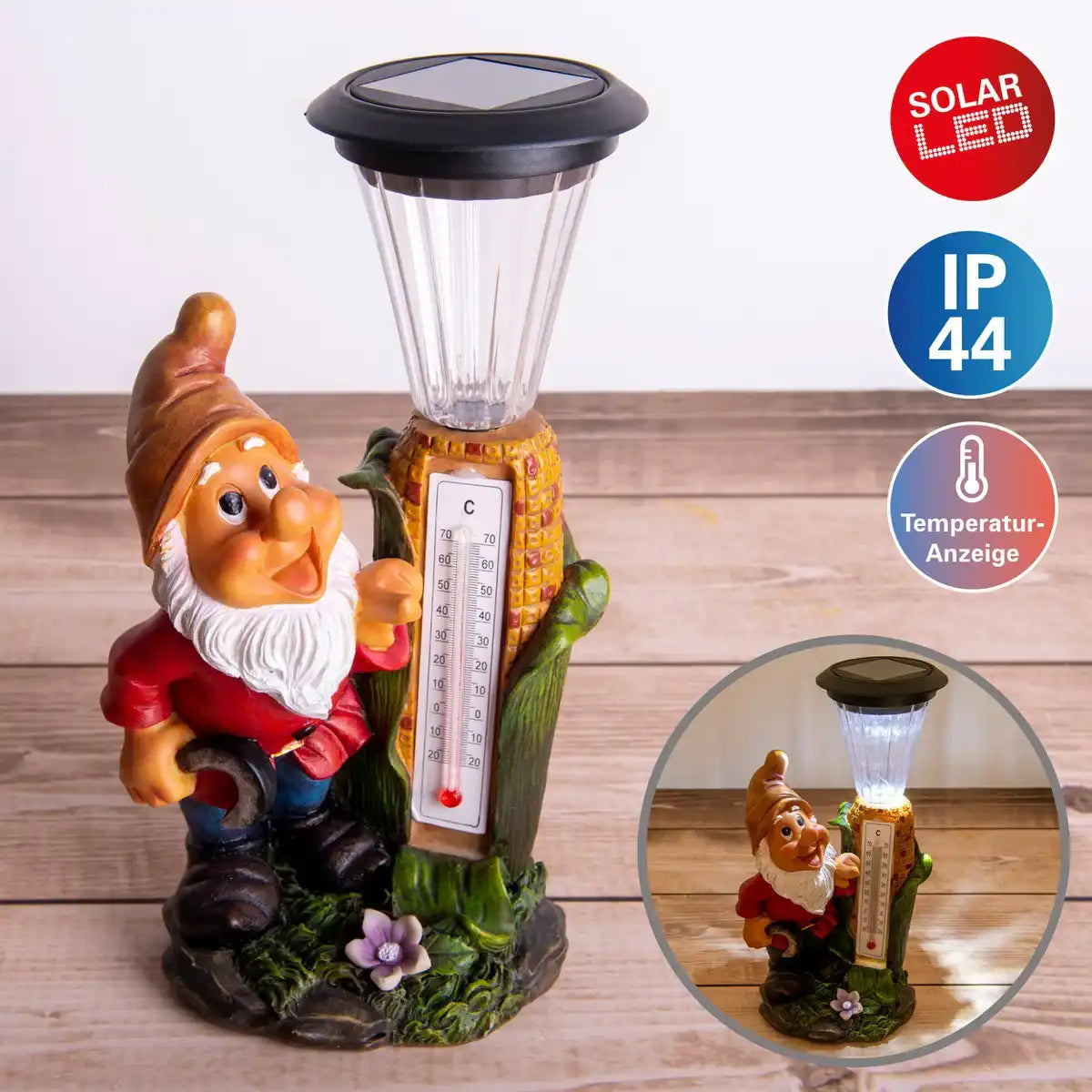 LED Deko Solarleuchte "Zwerg" mit Thermometer aus bemaltem Polyresin, ca 26 cm hoch und mit fest verbauten LEDs ausgestattet
