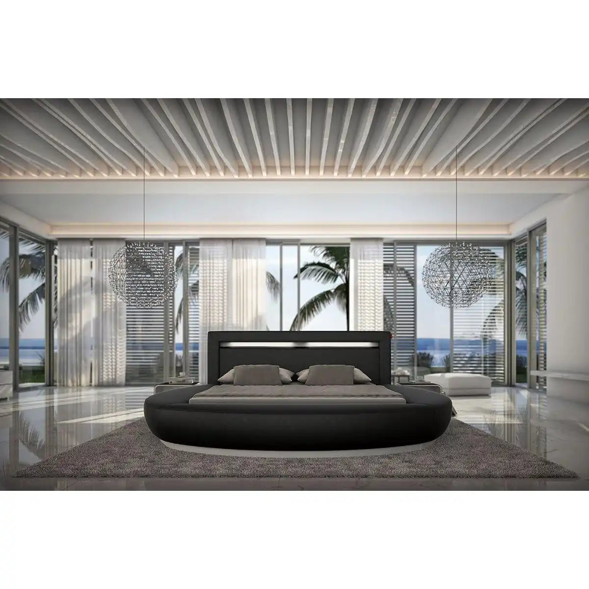 Rundbett 140x200 cm LED schwarz Kunstleder-Optik