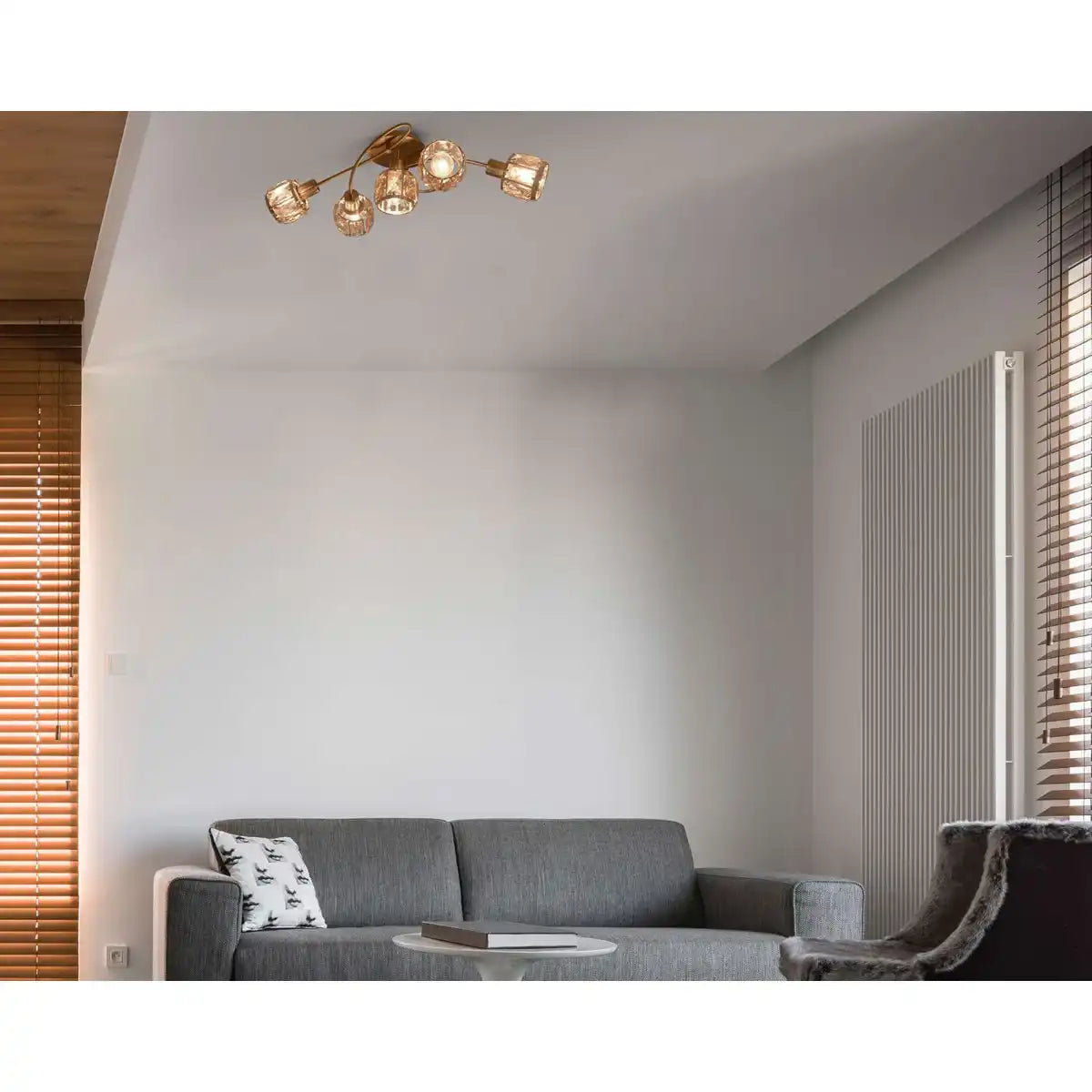 5er-LED-Deckenleuchte "JOSEFA", Deckenlampe aus Metall und Glas in Edelstahloptik, mit E14-Fassung Filament Leuchtmittel inklusive, für Wohnzimmer, Esszimmer, Flur oder Diele 61 x 36 x 21 cm