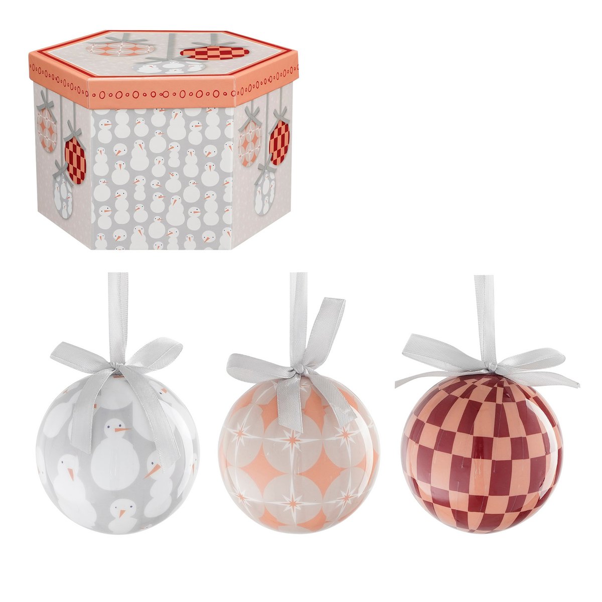Geschenkset Weihnachtskugeln – 14 Stück – Ø8 cm – unzerbrechlich – Pfirsich, Grau