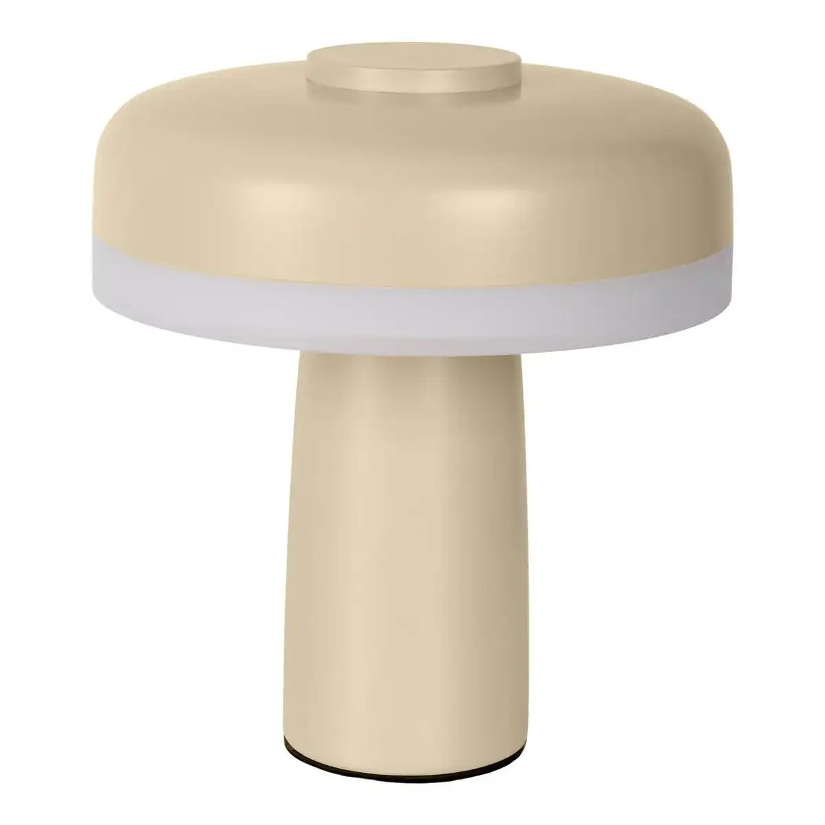 Akku-Tischleuchte "PILU", 16,5 cm hoch, oben Ø von 15 cm, Metall in der Farbe Frost Allmond, weißer Kunststoff, integrierten LEDs,280 Lumen, dimmbar per Berührungssensor, warmweiß